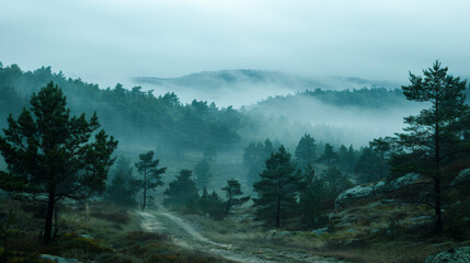 Atmospheric Pine Trees Captured on a Foggy Morning
