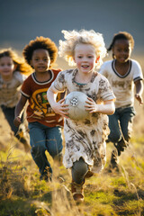 Fototapeta premium Group of children with different skin and hair colors playing ball in a sunlit field. Racial and ethnic diversity concept.