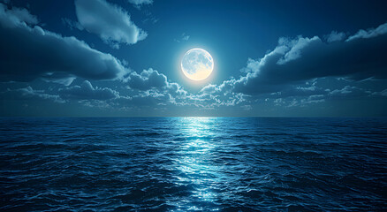 At night, the full moon casts a shimmering light on the surface of the ocean. - Powered by Adobe