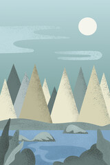 Bajkowy las podczas jasnej nocy. Ilustracja w stylu retro i vintage wzbogacona o artystyczne ziarno. Idealny do wnętrz domu i biura w każdym stylu