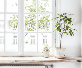 Fototapeta premium Minimalist interiors in neutral colors with a window illuminating the room. Interior design composition with minimal furniture and decor.