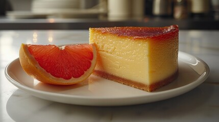  White plate with cheesecake and grapefruit