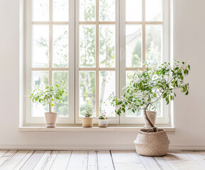 Fototapeta premium Minimalist interiors in neutral colors with a window illuminating the room. Interior design composition with minimal furniture and decor.