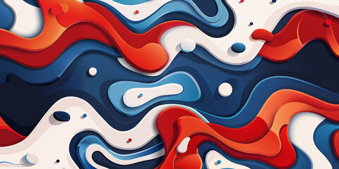Wallpaper Background Dynamic Abstract Pattern with Interlocking Red, Blue, and White Shapes. Generative AI Image.