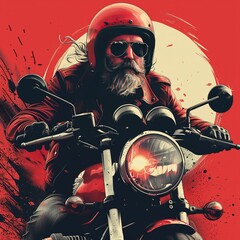 A man in a red jacket and sunglasses is riding a motorcycle