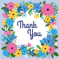 A flowers wreath with blue and pink flowers thank you card