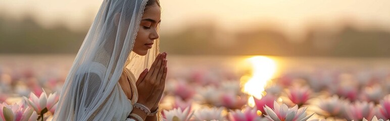 religious Woman praying with her hands clasped with plenty of copy space，Devout Woman in Prayer | 4K HD Wallpaper