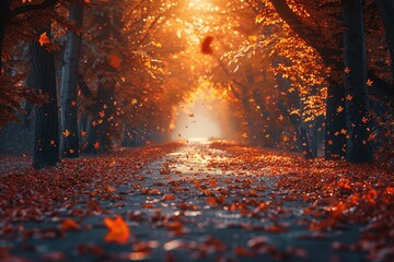 autumn nature park forest season foliage yellow fall trees landscape orange leaves light sunlight beauty - Powered by Adobe