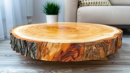 Fototapeta premium Live edge wooden coffee table in modern living room, interior design and contemporary furniture