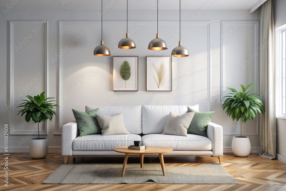 Sticker Living room interior with sofa, coffee table and plants.