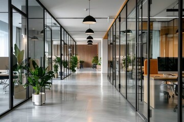 Fototapeta premium Modern office interior with glass walls, white concrete floor and wooden accents