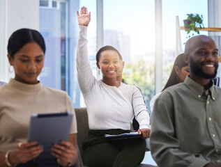 Black woman, hand and audience question at conference, problem solving and staff training for sales...
