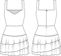 sleeveless shoulder straps strapped strappy sweetheart neck square neck zippered frilled ruffled short a-line dress template technical drawing flat sketch cad mockup fashion woman design style model
