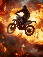 A motocross biker soars through the air, performing a daring jump over a wall of flames. The image captures the thrill and intensity of the sport, with a generous copy space for easy into designs.