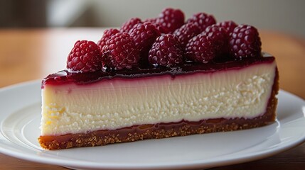  A white plate holds a cheesecake topped with red raspberries - Powered by Adobe