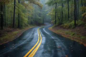 road forest nature tree landscape travel autumn highway asphalt season green fog drive foliage outdoors way