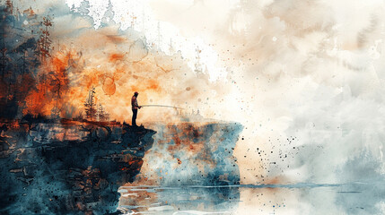 Fishing View in style of Watercolor, Natural Scene, Forest and Lake, Mountain and Rock Fishing, Wallpaper, Scrapbooking, Background, Wall art, Paper prints