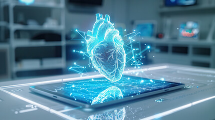 blue holographic human heart for heart examination above a tablet 