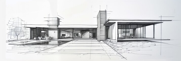 Hand sketch of Spatial layout and flow of a modern house from different angles