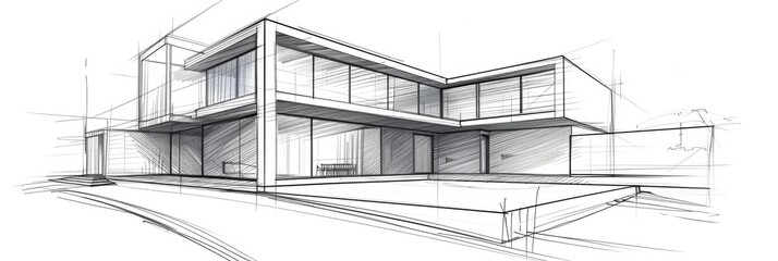 Hand sketch of Spatial layout and flow of a modern house from different angles
