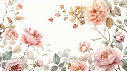 Watercolor illustrations featuring a collection of pink roses and peonies along with garden flowers leaves and branches create a botanic scene against a white backdrop A delicate flower bud