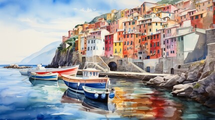 Peaceful fishing village riomaggiore cliffside colorful buildings cinque terre coast. Italian mediterranean europe