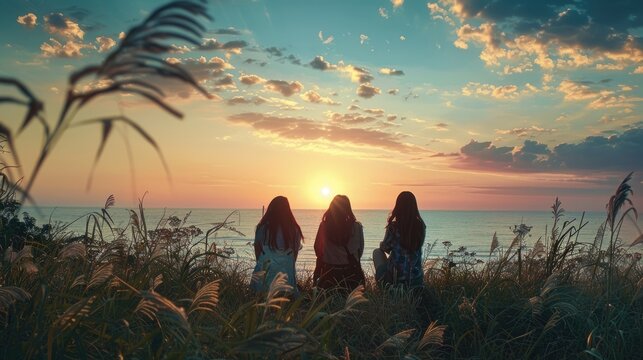 Three best friends from a girl group are traveling to the sea where they will watch the sunset from a hill while sharing their love through heartwarming gestures
