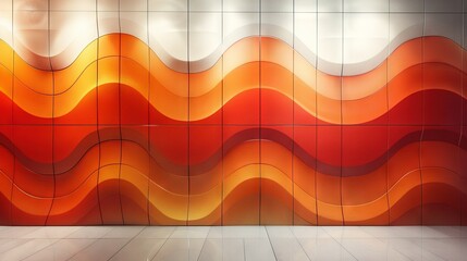   A white-tiled wall with a wavy orange and red pattern illuminated by sunlight streaming in from a nearby window