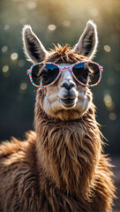 Surreal Animal Charm, Llama Wearing Shades in Playful Concept, Ideal for Editorials