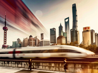 Naklejka premium A lone figure stands on a platform in a modern Chinese cityscape, captivated by the trail of light left by a high-speed train disappearing into the sunset. A minimalist scene with pops of red.