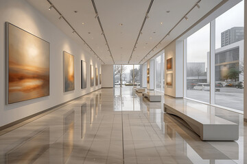 Modern art gallery hallway interior with paintings on the wall, contemporary architecture, 3d...