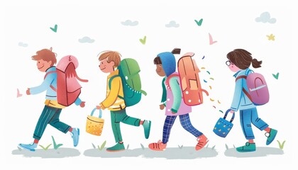 Fototapeta premium A group of children are walking down a path with backpacks by AI generated image