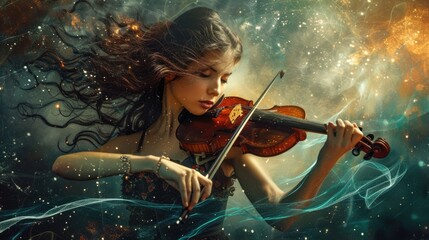 Smart musician focusing on playing instrument with colorful smoke and absorbing impressive feeling from melody. Professional instrumentalist or performing instrumental skill or playing violin. AIG42.