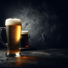 A glass mug of beer in a dark texture background AI Generative with blank space for text
