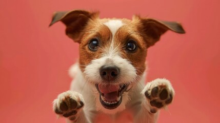 An adorable dog full of infectious joy on a red background.
