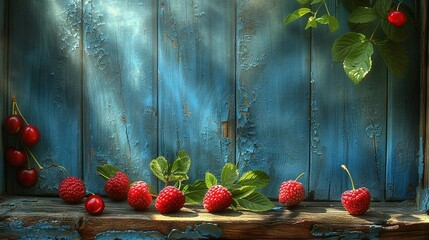   A cluster of raspberries resting on a windowsill alongside a verdant foliage plant