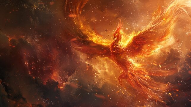 A phoenix rising from ashes with red and orange clouds, fire and embers flying through the air