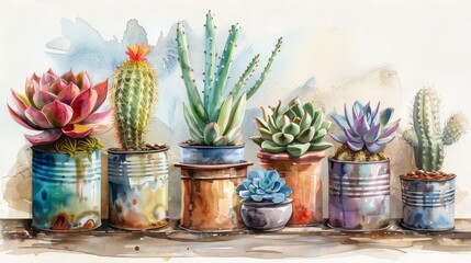 Bring the beauty of the desert to your home with this stunning watercolor painting of cacti and succulents