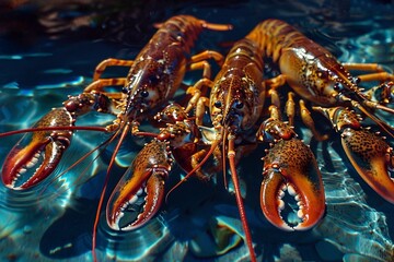 Live crayfish on a blue background in the water close-up