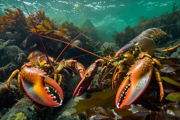 Lobster on a coral reef with seaweed in the ocean