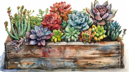Obraz premium Succulent plants in a wooden box. Echeveria, Sempervivum, Aloe, and other succulent plants in a rustic wooden box. Perfect for home or office.