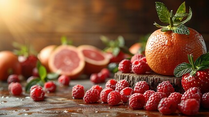   A grapefruit perched on a stump, surrounded by raspberries and more grapefruits