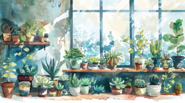 The image shows a variety of houseplants in front of a large window
