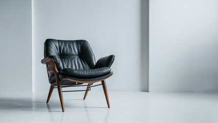 A stylish black leather chair with sturdy wooden legs and a durable metal frame, showcased on a white background.
