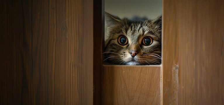 A cat hide peeps through the door