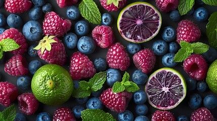   Blueberries, raspberries, limes, and raspberries are arranged on a gray surface in a pattern