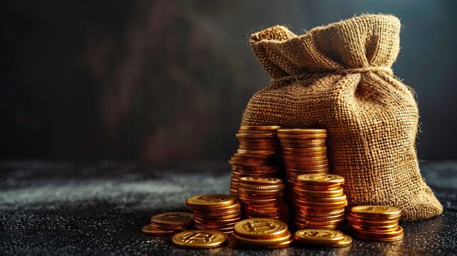 A bag of gold coins on a wooden table.