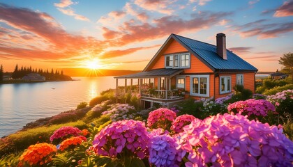 Serene lakeside home at sunset, with a vibrant orange house and lush flower garden in the foreground, evoking tranquility and beauty.