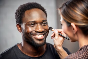 woman putting make up on a man's face, putting makeup on, man is with black skin - Powered by Adobe