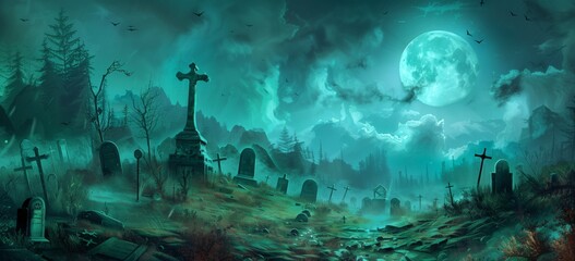 a spooky graveyard with tombstones, fog and moonlight in the background, cyan blue color theme, banner format